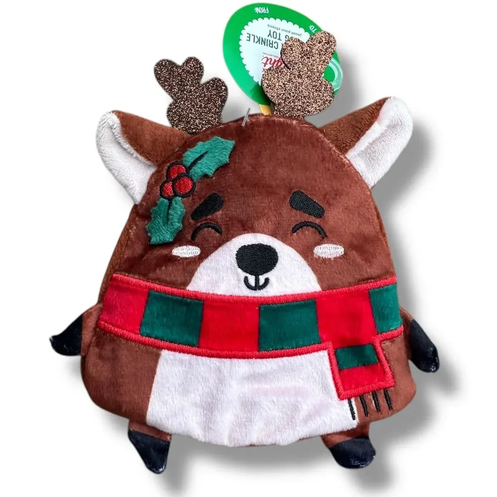 Merry & Bright Reindeer Flattie Dog Toy Squeaky Crinkle Thrash Toss Shake Winter